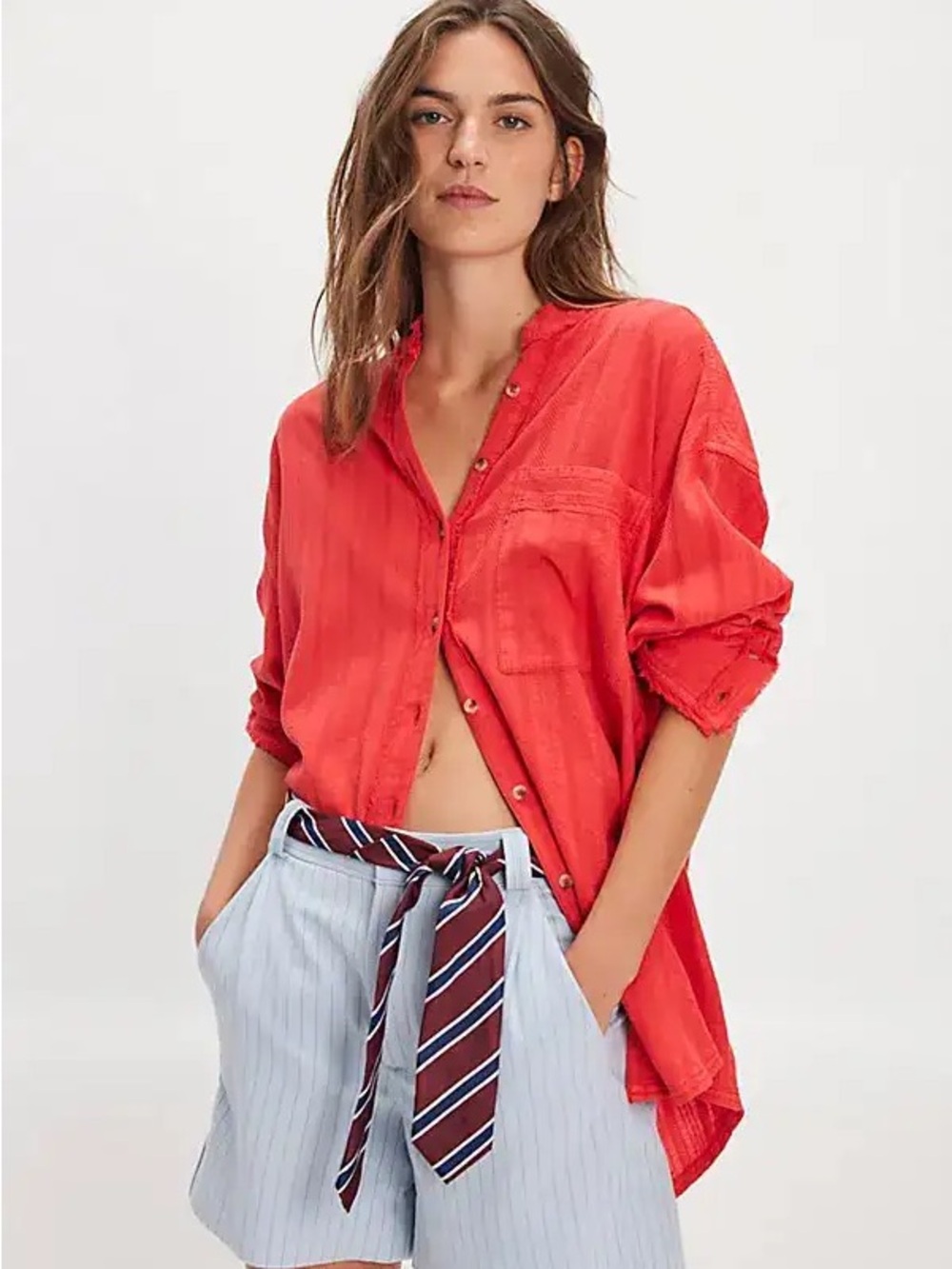 Free People Summer Sorbet Fiery Red Oversized Textured Button Down Shirt Size M